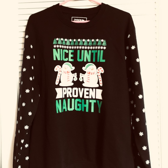 Large Unisex Nice Until Proven Naughty NEW black screenprint snowman sweatshirt - Picture 1 of 12